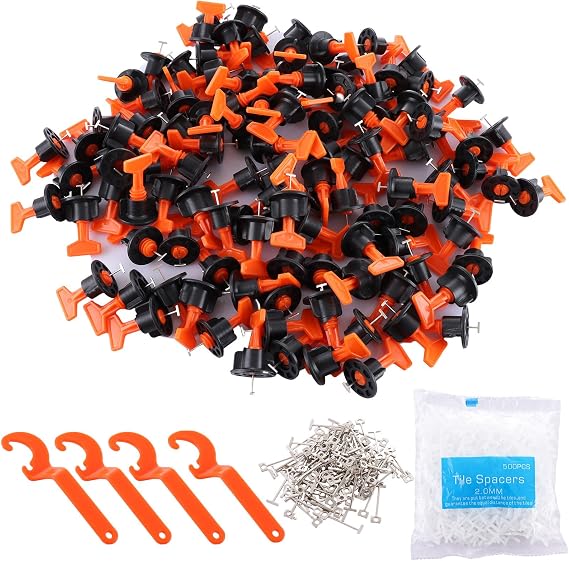 Tile Leveling System, 200Pcs Tile Leveler Spacers with 4 Special Wrench, 500Pcs 2mm (1/12") Spacers, 100Pcs T Needles, Tiles Installation Tool Kit for Wall Floor Building