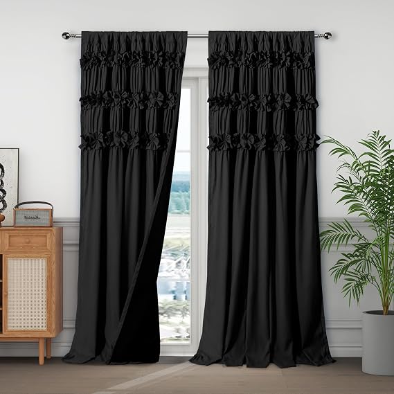 Homechoice Decor Black Blackout Curtains with Handmade Ruffles, Butterfly Flower Embellishments for Thermal Insulated Room Darkening Drapes, 54"x84", Set of 2 Panels for Bedroom, Living Room (LQ-37)