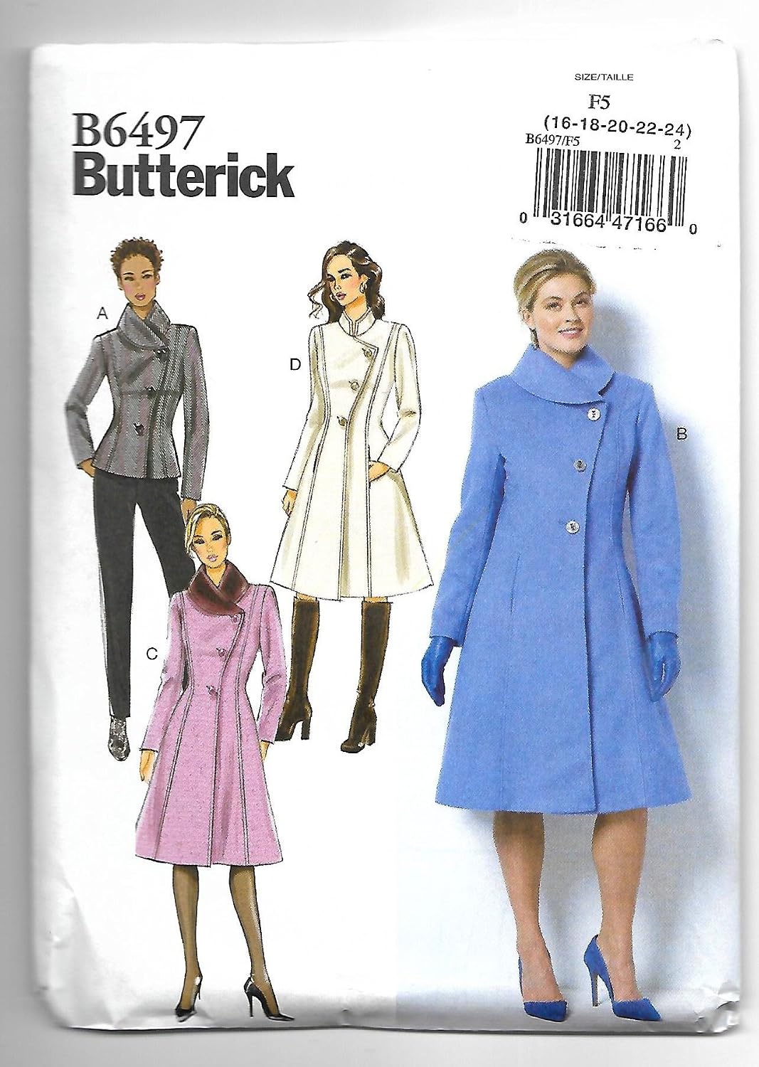 Butterick Patterns 6497 Miss Petite Jacket and Coat,Sizes 14-24, Paper, Multi-Colour, F5 16-18-20-22-24