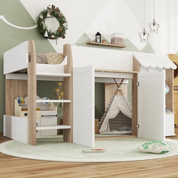 LTGB High Sleeper Bed with Storage Cabinets & 3-Step Ladder, White Wooden Loft Bed for Kids, 90x190cm 3ft Single Bed Frame 90 x 190 cm, Pine + MDF + Plywood, for Kids Boys Girls