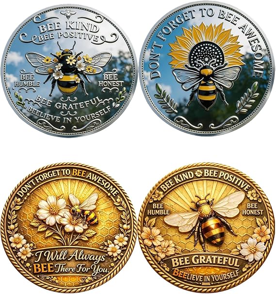 3D Bee Kind Positivity Commemorative Coin, Motivational Bee Challenge Coin, Double-Sided Inspirational Bee Collectible Token Gift for Friends, Family (A+B 2PCS)