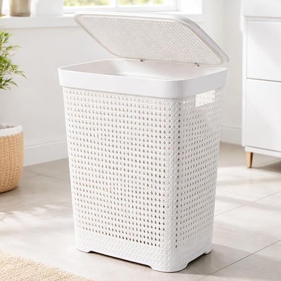 Eden & Willow Large Capacity Plastic Laundry Basket with Lid (60L), with Integrated Handles (White)