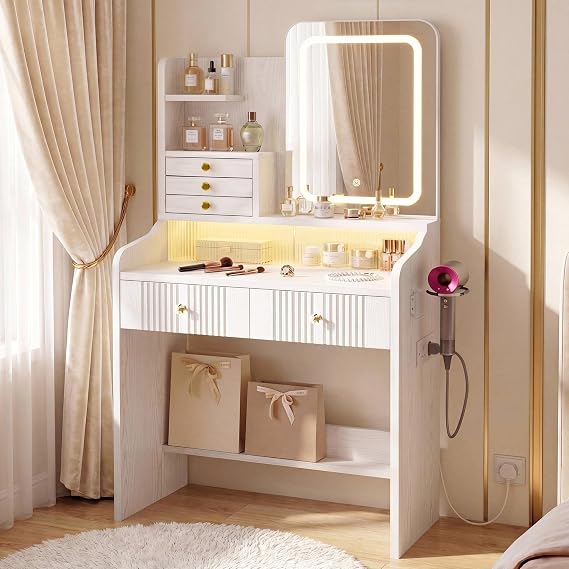 IRONCK Dressing Table with LED Mirror & RGB Lights, Makeup Vanity with Sliding Door Hidden Storage, Power Outlet, Hairdryer Holder, 5 Drawers Fluted Panel Vanity Table for Bedroom, 140×80×40cm White