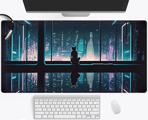 Mechanical Cattle Desk Mat, City Cat Rider, Rubber, XXL Mouse Pad with Smooth Lycra Surface, 31.5x15.75 inch, Black Decorative Esthetics Desktop Mat for Laptop, Keyboard, Wireless Mouse