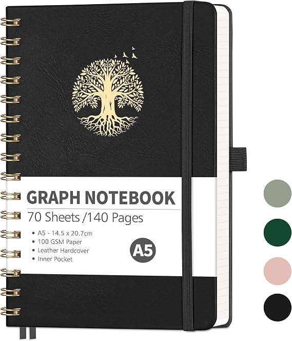 RETTACY A5 Spiral Notebook, Graph Journal, 140 Pages, Black