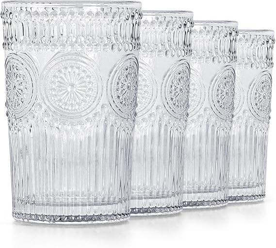 Embossed Drinking Glasses, Romantic Glass Tumblers, Vintage Water Cups, Capacity 370ml, Pack of 4