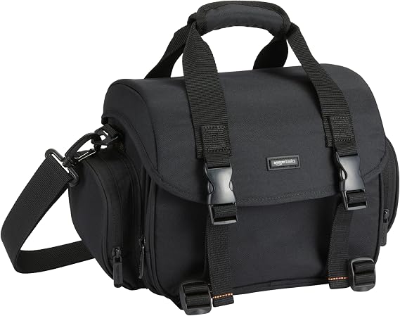 Amazon Basics Shoulder Bag for SLR Camera and Accessories, Large, Adjustable Strap, Waterproof, Shockproof, Solid, Padded - Black/Orange