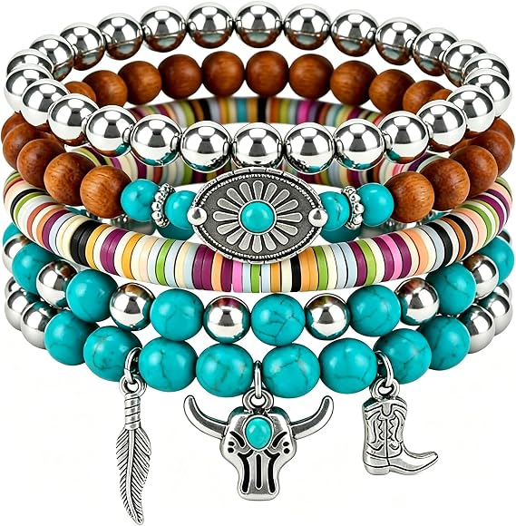5PCS Boho beaded Bracelets Set for Women,Western Vintage Cowboy Stackable Turquoise jewelry with Bull Head & Cow Boot Charms,Country and Western Clothing Fashion Accessories,Bohemian Jewelry Gifts