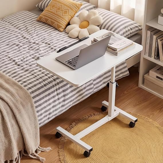 Overbed Bedside Table with Wheels, 60-95cm Height Adjustable