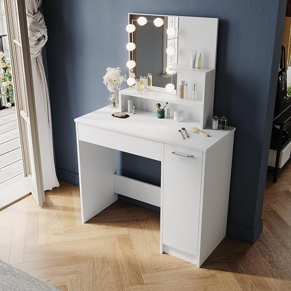 Dressing Table with Mirror, 3 Colors LED Lights with Adjustable Brightness, Modern Makeup Desk with 1 Drawer 4 Shelves 1 Storage Cabinet for Bedroom, 80x36.3x129.5cm, White