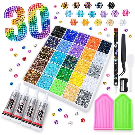 30 Colors Bedazzling Kit, 37500 Pcs Flatback Rhinestones, Bedazzling Kit with 30 Colors 3mm Rhinestones, Nail Art Gems with Tweezers & Pen for DIY Crafts, Clothes, Shoes, Nail Decorations