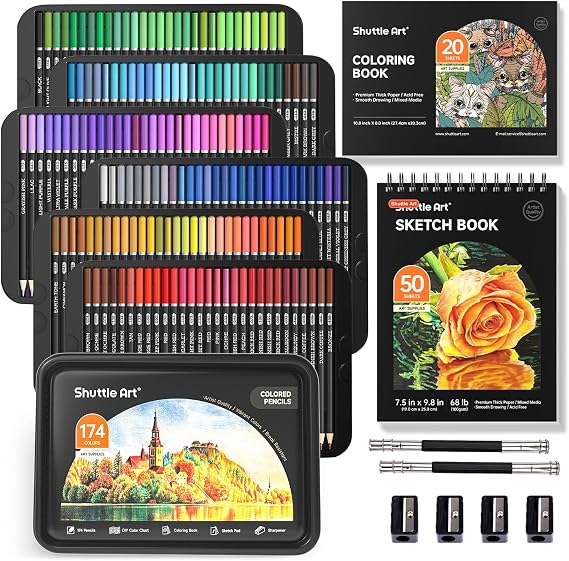 Shuttle Art 174 Colouring Pencils Set with Colouring Book Sharpener