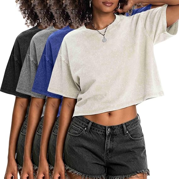 レディース オーバーサイズ クロップドtシャツ ボクシー クロップド Tシャツ 女性用 アシッドウォッシュ ヴィンテージtシャツ ルーズフィット Y2k グランジトップス