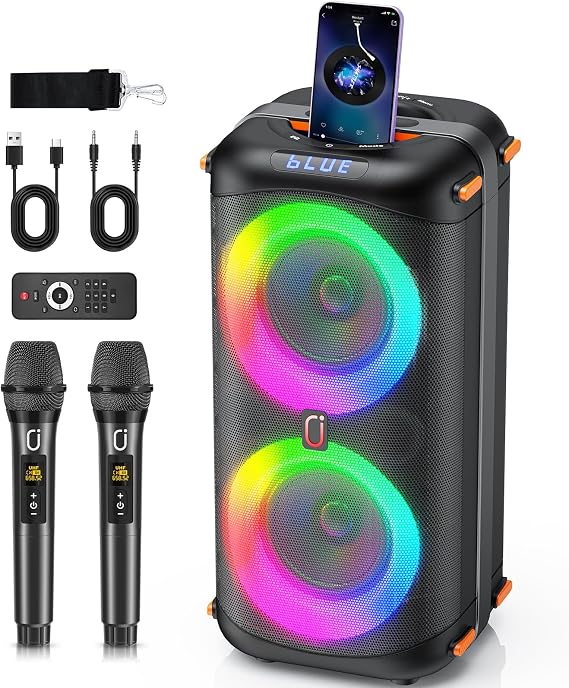 HWWR Karaoke Machine with 2 Microphones All-in-One Karaoke System with 5.25 Inch Woofer Echo Adjustment Powerful Bass Karaoke Mode TWS TV & Guitar Connection for Family Garden Party Birthday