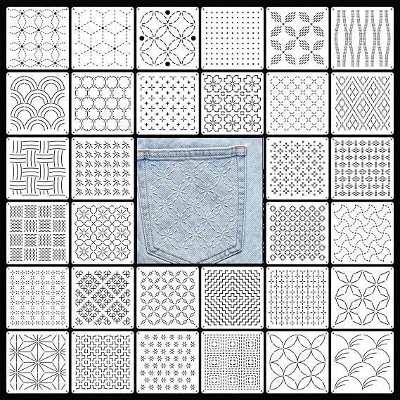 32pcs Sashiko Stencil Kit, Reusable Plastic Embroidery Templates for Hand Quilting, Sewing and Textile Design, Geometric Patterns Stencils for Crafts, Geometric Simple Sashiko Embroidery Template