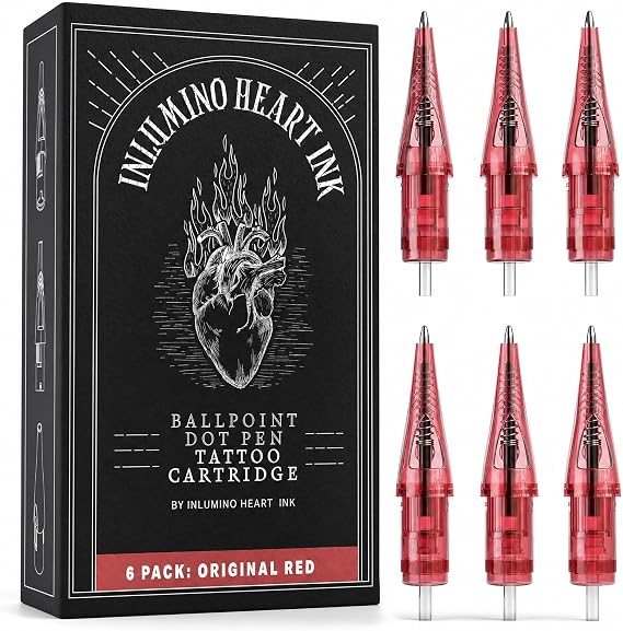 Inlumino Heart Ink Ballpoint Pen Cartridge - Original Red Ink 6 Pack - Tattoo Practice Cartridge for Rotary Tattoo Machine - Permanent Ink for Flash Art Making - Faux Skin Alternative | タトゥー練習用カートリッジ 回転式タトゥーマシン用 油性インク 滑らかな流れ 初心者 タトゥーアーティストフレンドリー