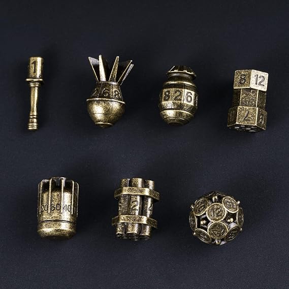 cusdie 7-Die Creative Metal Dice Set DND Dice Set for Dungeons and Dragons TTRPG Role Playing Dice Games RPGs(Bronze)
