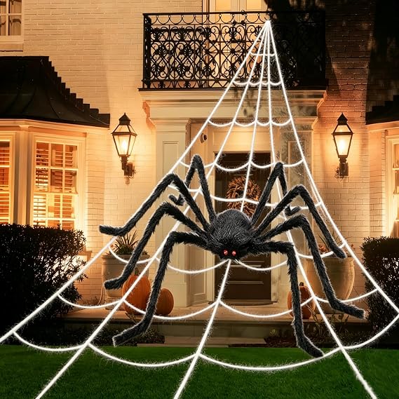 Halloween Decorations, 200" Triangular Spider Web +59" Giant Spider