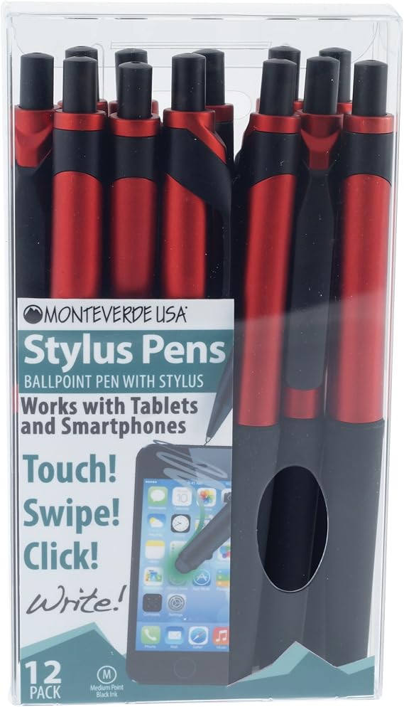 Monteverde S 106 Click Action One-Touch Ballpoint Pen with Top Stylus, Red, 12 Piece (MV36174)