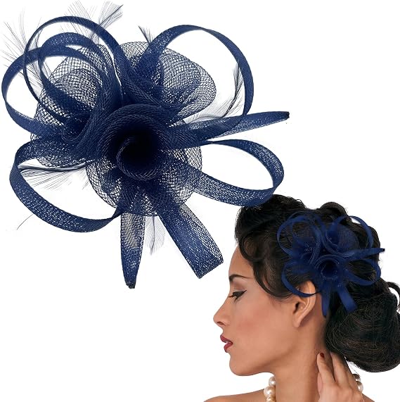 Ladies Small Elegant Fascinator Hat, Mesh Feathers Flower Veil Wedding Bridal Shower Flower Headband Party Hat AscotHair Fascinators for Tea Party,Weddings, Races, Royal Ascot, Hair Piece(Navy Blue)