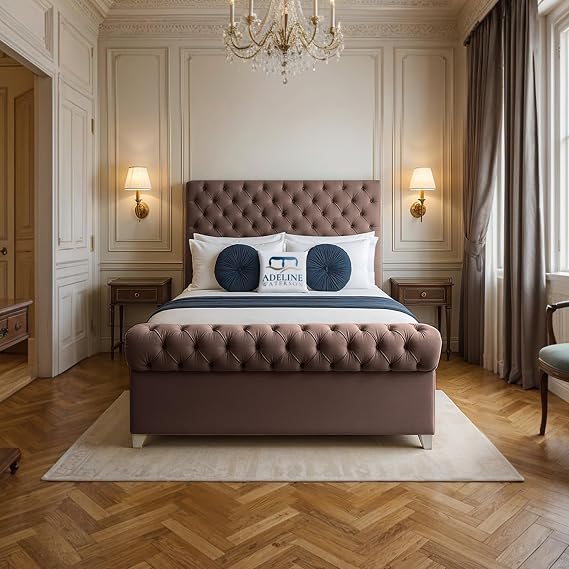 Mayfair Upholstered Bed - Plush Velvet Headboard & Footboard - Slats Base - Comfortable Bed (Mocca, King - Slats Base, Without Mattress)