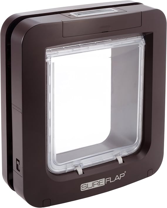 SureFlap Sure Petcare Microchip Pet Door for Cats and Small Dogs with Curfew Timer, Compatible with RFID Collar Tags and Microchips, 1-Button Control, Brown, 4xC Cell Batteries Required, Not Included