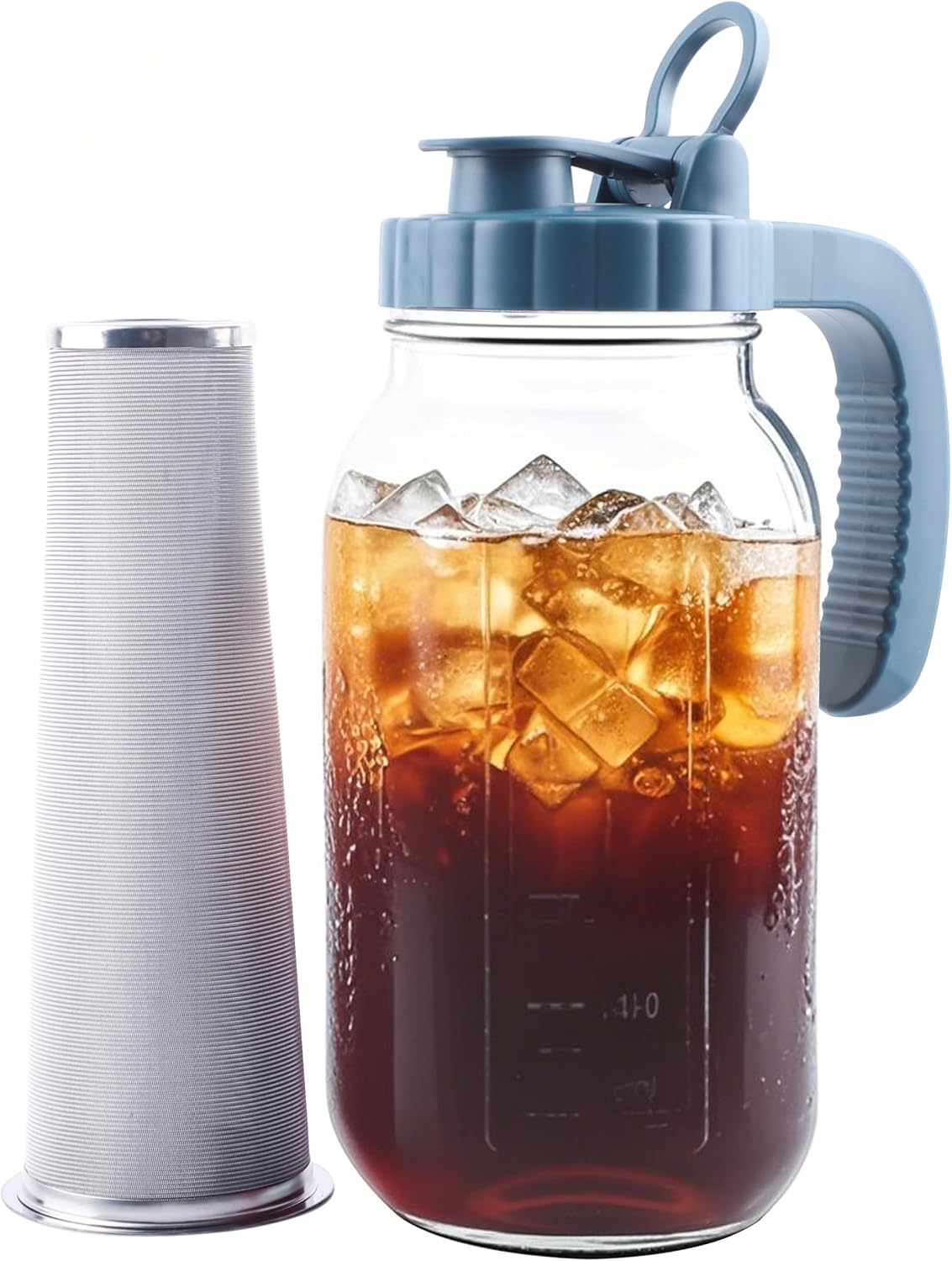 Cold Brew Coffee Maker 64 OZ Wide Mouth Mason Jar Pitcher With Stainless Steel Coffee Filter 2 Quart Airtight & Leakproof Cold Brew Pitcher With Pour Spout Lid For Iced Coffee Tea Milk Lemonade