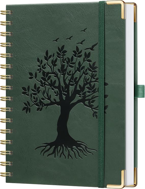 ZXHQ A5 Spiral Notebook with Embossed Tree of Life Cover, Twin Wire Binding, 176 Pages, 120 GSM Thick Paper – Lays Flat Journal for Writing, Notes & Planning - Dark Green