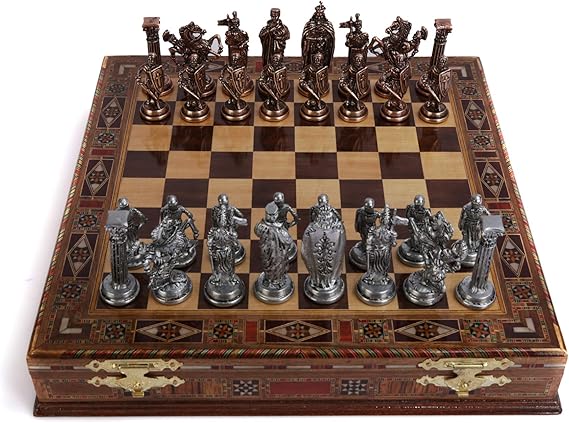 GiftHome 5 No. British Antique Copper Chess Pieces and Chessboard with Solid Wood Crate