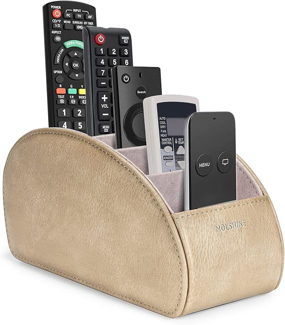 molshine Remote Control Holder with 5 Compartments,Pu Leather Office Organization Storage Caddy Box for Tv Remote,Heater Controllers,Media Player,Office Supplies,Makeup Brush (Beige Gray)