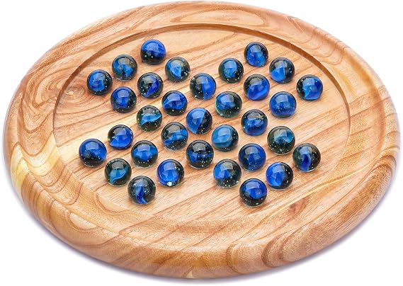 Ajuny Wooden Solitaire Board Game With Colourful 33 Marbles Round 9x9 Inch