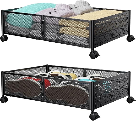 PHINOX 2 x Black Metal Underbed Storage Bin with Wheels