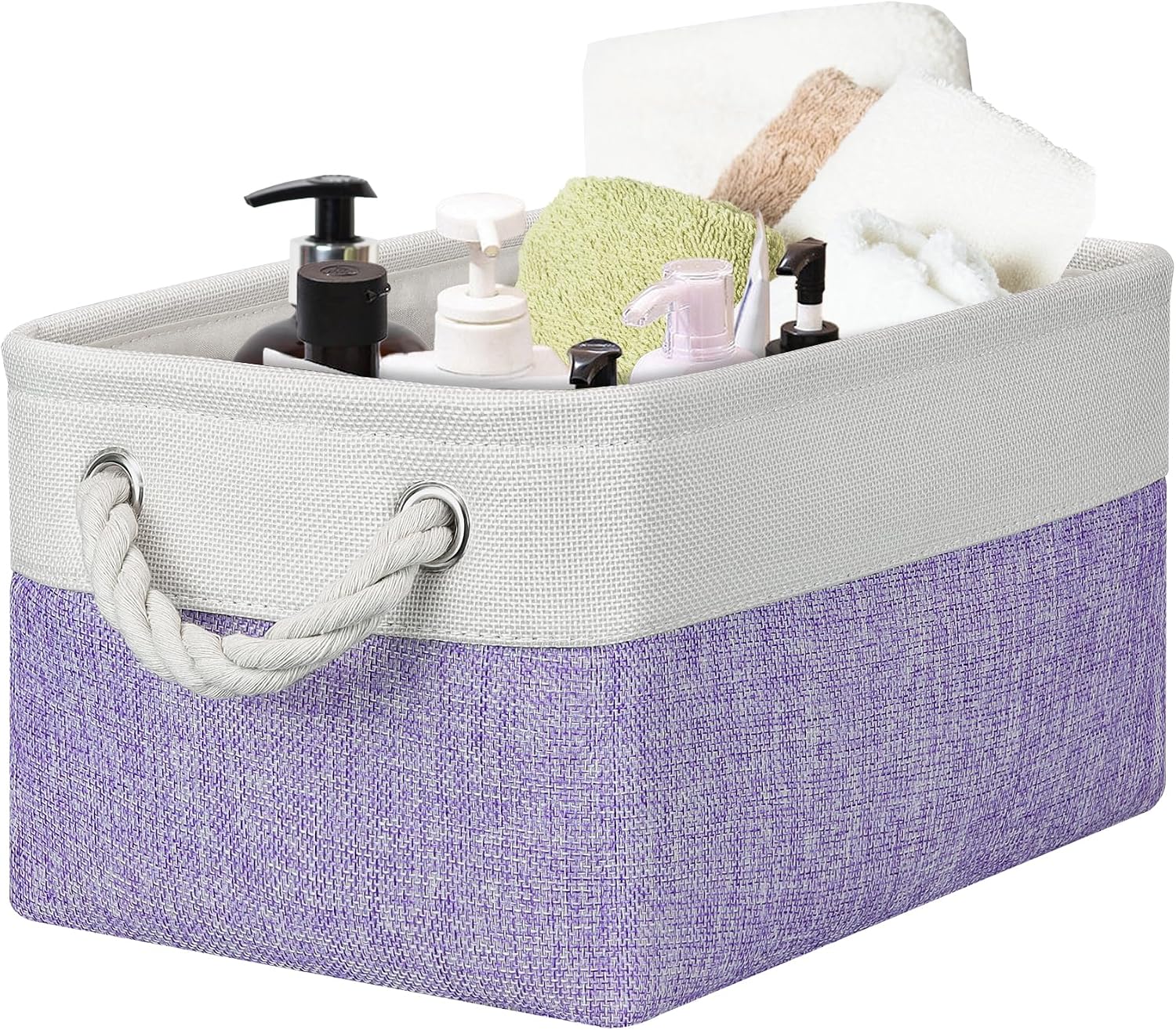 Small Storage Baskets with Rope Handles, Collapsible Fabric Storage Box, Small Linen Basket for Bedroom Bathroom Cupboards Shelves Wardrobe 31x21x16cm1 Pack, White Purple