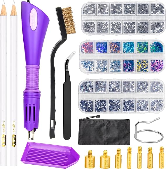 HotFix Applicator Rhinestone Hotfix Applicator Tool 3 Boxes of Rhinestones with 7 Different Applicator Tips for Clothes Pants Hat