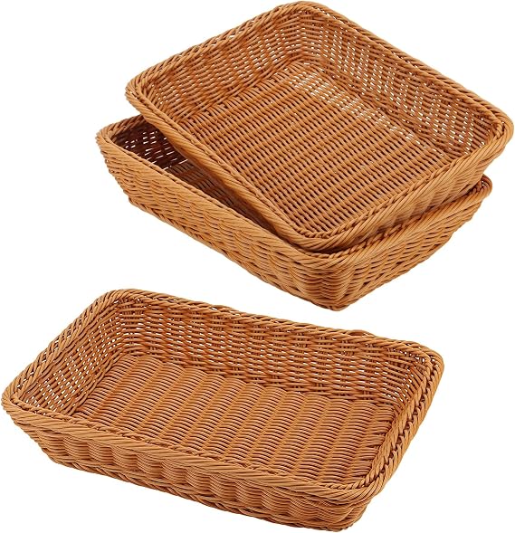 MANCHAP 3 PCS Rectangular Poly Wicker Basket, 35 x 25 x 7.5cm Imitation Rattan Bread Wicker Basket, Woven Serving Fruit Storage Basket for Kitchen