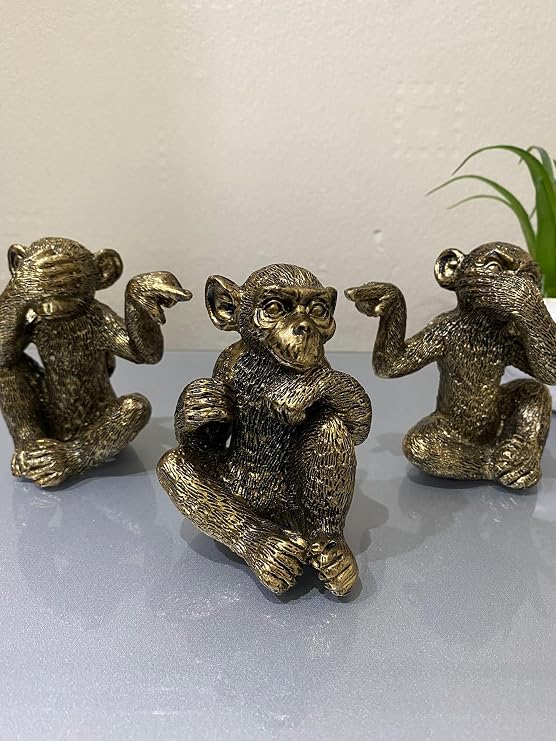 Stunning Three Wise Brass Monkeys Ornaments Statue Set (3-Piece) See Hear Speak No Evil Figurine - Antique Bronze Gold Resin Sculpture for Home Décor