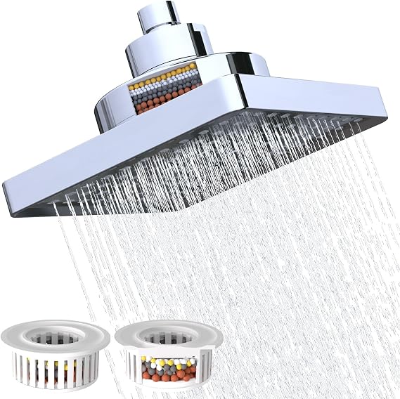 Rainfall Shower Head with Filter, 6 Inch Rain ShowerHead High Pressure Overhead Replacement, Square Fixed Shower Head Adjustable with Swivel Ball, 2 Filter, Chrome