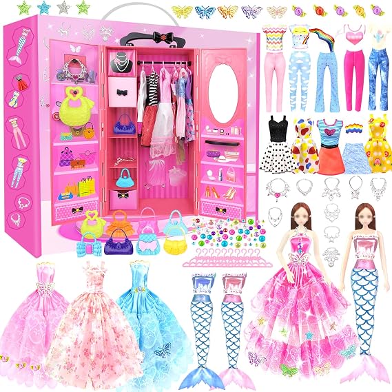 66Pcs Doll Clothes and Accessories with Closet for 11.5 Inch Doll Dress up Set with 1 Doll Fashion Dresses Outfits Tops and Pants Shoe Rack Bags Gift Toy for Girls 4 5 6 7 8 9 10 Years