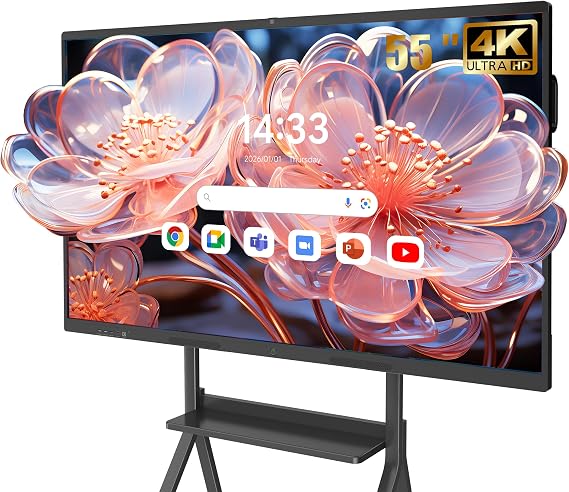 55 Inch Smart Board, 4K UHD Interactive Touchscreen Whiteboard, Android14 Wireless Smartboard for Classroom Home Office Studio