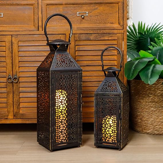 JHY DESIGN Set of 2 Vintage Candle Lanterns 48 cm &35 cm H Moroccan Decorative Metal Candle Holders with Hollow Pattern for Garden Porch Shelf Indoor Outdoor Parties Weddings Patio(Black Brushed Gold)
