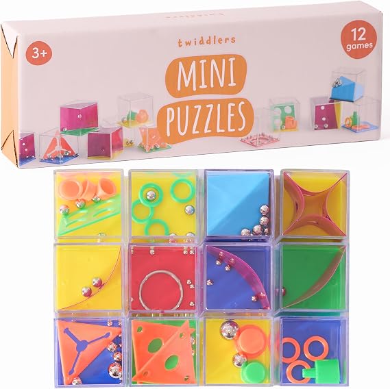 THE TWIDDLERS - 12 Mini Cube Brain Teaser Puzzle Box Set - Assorted Difficulty Levels, Ideal Challenge as Party Bag Fillers for Kids or Adults, Multipack Classroom Rewards