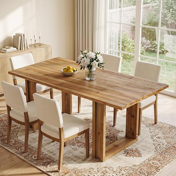 160cm Solid Wood Dining Table for 4-6, Farmhouse Wooden Kitchen Table, Large Rectangular Dining Table for Dining Room, Living Room and Kitchen, Rustic Brown