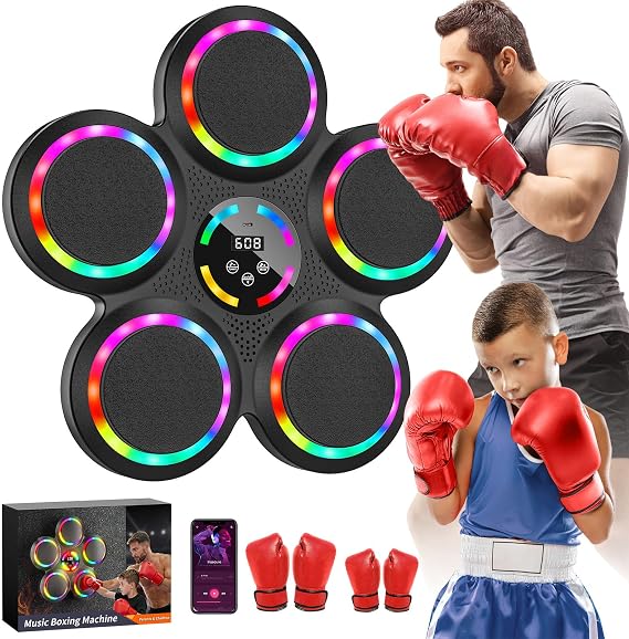 Music Boxing Machine, Wall Mounted, 2 Pairs Boxing Gloves | Musical Punch Machine, Bluetooth, 9 Speeds and Modes, Smart Scoring, Home Gym, Stress Relief, Adults and Kids