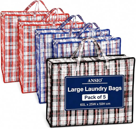 ANSIO Large Laundry Bags, Storage Bags, 60x25x50cm, Assorted 5 Pack | Reusable Moving Bags with Zips, Clothes Storage Bags for Moving House, Packing, Clothing & Wardrobe Storage