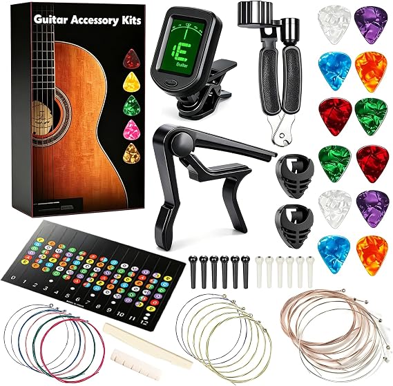 Acoustic Guitar Accessory Kit, Luthier Tool Set with Tuner, Capo, 3 Sets Guitar Strings (18 pcs), String Winder Cutter Peg Winder, 12 Bridge Pins, Fretboard Sticker, 12 Picks & 2 Pick Holders, Guitar