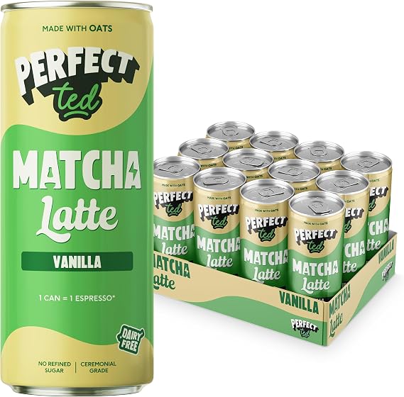 PerfectTed Vanilla Matcha Latte RTD, Ceremonial Grade Matcha, 12 x 250ml Cans, Ready-to-Drink with Gluten-Free Oats | Smooth & Creamy | Dairy-Free | Vegan (12 Pack, Vanilla)