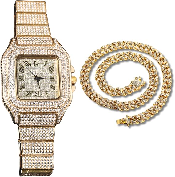 Diamond Watch for Men - 40mm Roman Numerals Square Dial - 18K Real Gold/Platinum/Rhodium Black/Rose Gold Plated 22cm Strap - Japanese Quartz - Luxury Jewelry - Can Paired with Cuban Chain