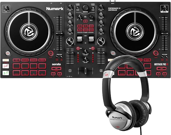 Numark Mixtrack Pro FX & HF125 Bundle – 2 Deck DJ Controller with DJ Mixer, Audio Interface and FX Paddles + Ultra-Portable Professional DJ Headphone