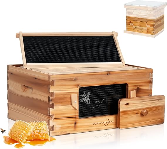 Bee Hive 10 Frame Deep Bee Box with Frames and Foundation, Beeswax Coated Langstorth Bee Hives for Bee Keeper, Beekeeping Supplies with Transparent Plastic Window and Queen Excluder