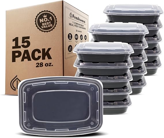 Freshware Meal Prep Containers [15 Pack] 1 Compartment Food Storage Containers with Lids, Bento Box, BPA Free, Stackable, Microwave/Dishwasher/Freezer Safe (28 oz)